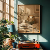 Teddy Guinea Pig Reading in Bed Poster | Soft Gouache Oat Milk Beige Wall Art | Cozy Minimalist Bedroom Decor Print | Nursery Nook Art