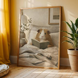 Teddy Guinea Pig Reading in Bed Poster | Soft Gouache Oat Milk Beige Wall Art | Cozy Minimalist Bedroom Decor Print | Nursery Nook Art