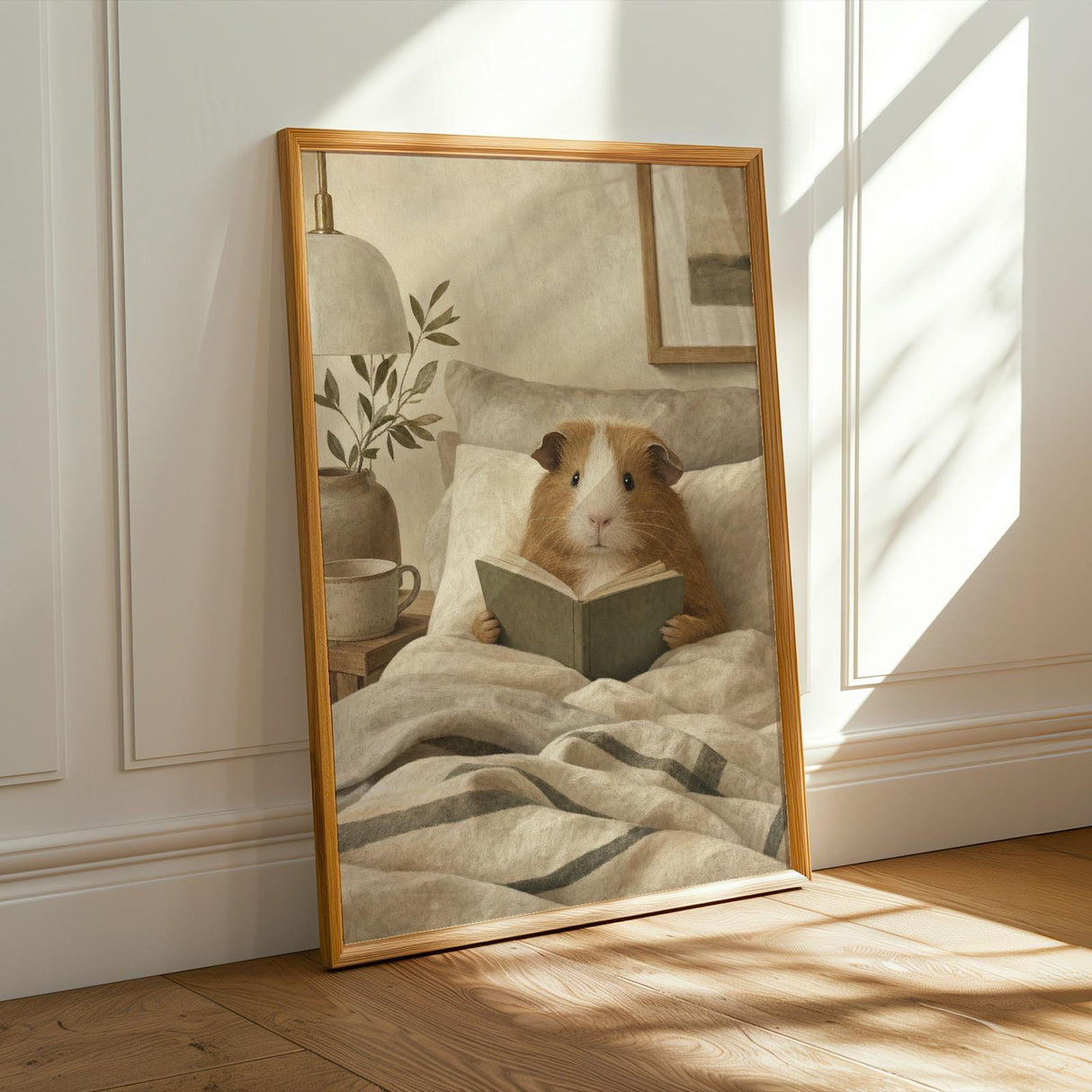 Teddy Guinea Pig Reading in Bed Poster | Soft Gouache Oat Milk Beige Wall Art | Cozy Minimalist Bedroom Decor Print | Nursery Nook Art