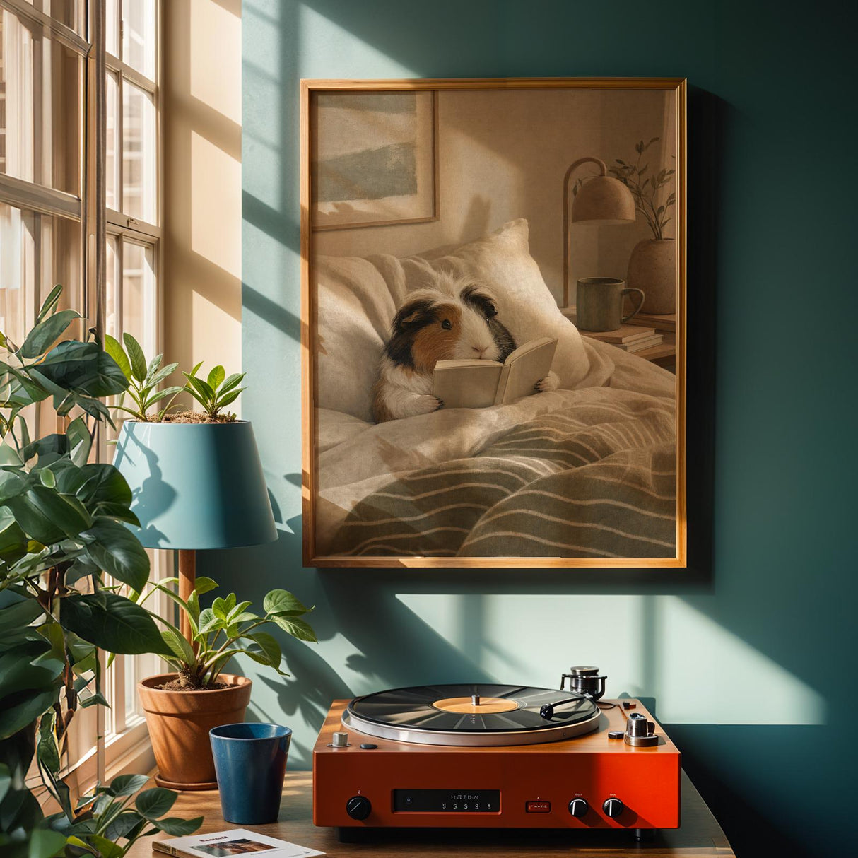 Coronet Guinea Pig Reading in Bed Poster | Scandinavian Gouache Guinea Pig Wall Art | Warm Beige Oat Milk Decor | Cozy Bedroom Print
