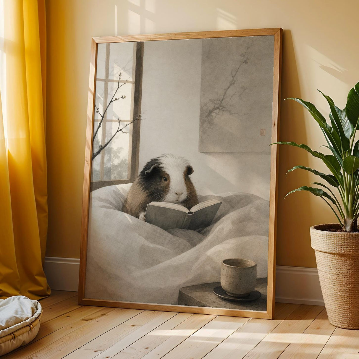 White Guinea Pig Reading in Bed Poster | Japanese Zen Ink Wash Guinea Pig Wall Art | Warm Ivory Neutral Decor | Minimalist Bedroom Print