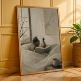 White Guinea Pig Reading in Bed Poster | Japanese Zen Ink Wash Guinea Pig Wall Art | Warm Ivory Neutral Decor | Minimalist Bedroom Print