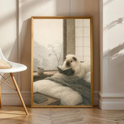 Himalayan Guinea Pig Reading in Bed illustrated in Japanese Zen Sumi-e style on a poster