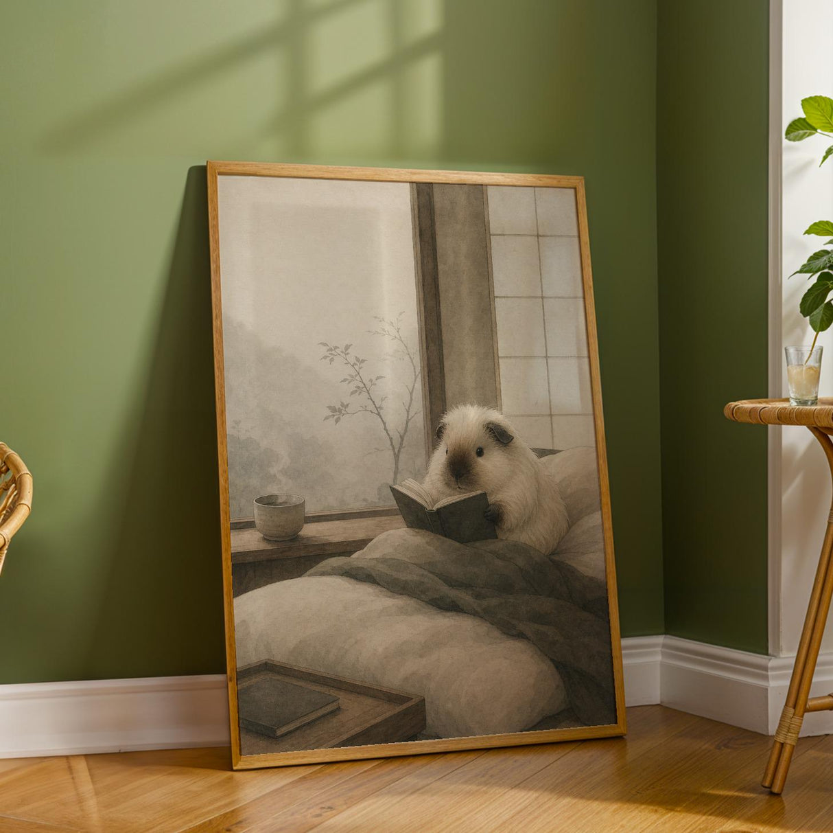 Himalayan Guinea Pig Reading in Bed Poster | Japanese Zen Sumi-e Guinea Pig Wall Art | Warm Ivory Fog Gray Decor | Minimalist Bedroom Print