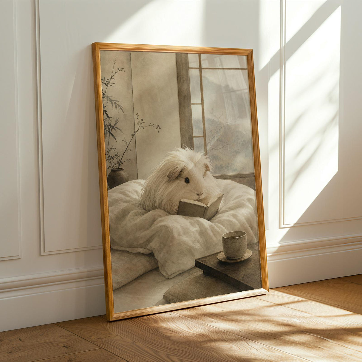 Silkie Guinea Pig Reading in Bed Poster | Japanese Zen Sumi-e Guinea Pig Wall Art | Warm Ivory Fog Gray Decor | Minimalist Bedroom Print