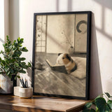 American Guinea Pig Reading in Bed Poster | Japanese Zen Ink Wash Guinea Pig Wall Art | Warm Ivory Fog Gray Decor | Minimalist Bedroom Print