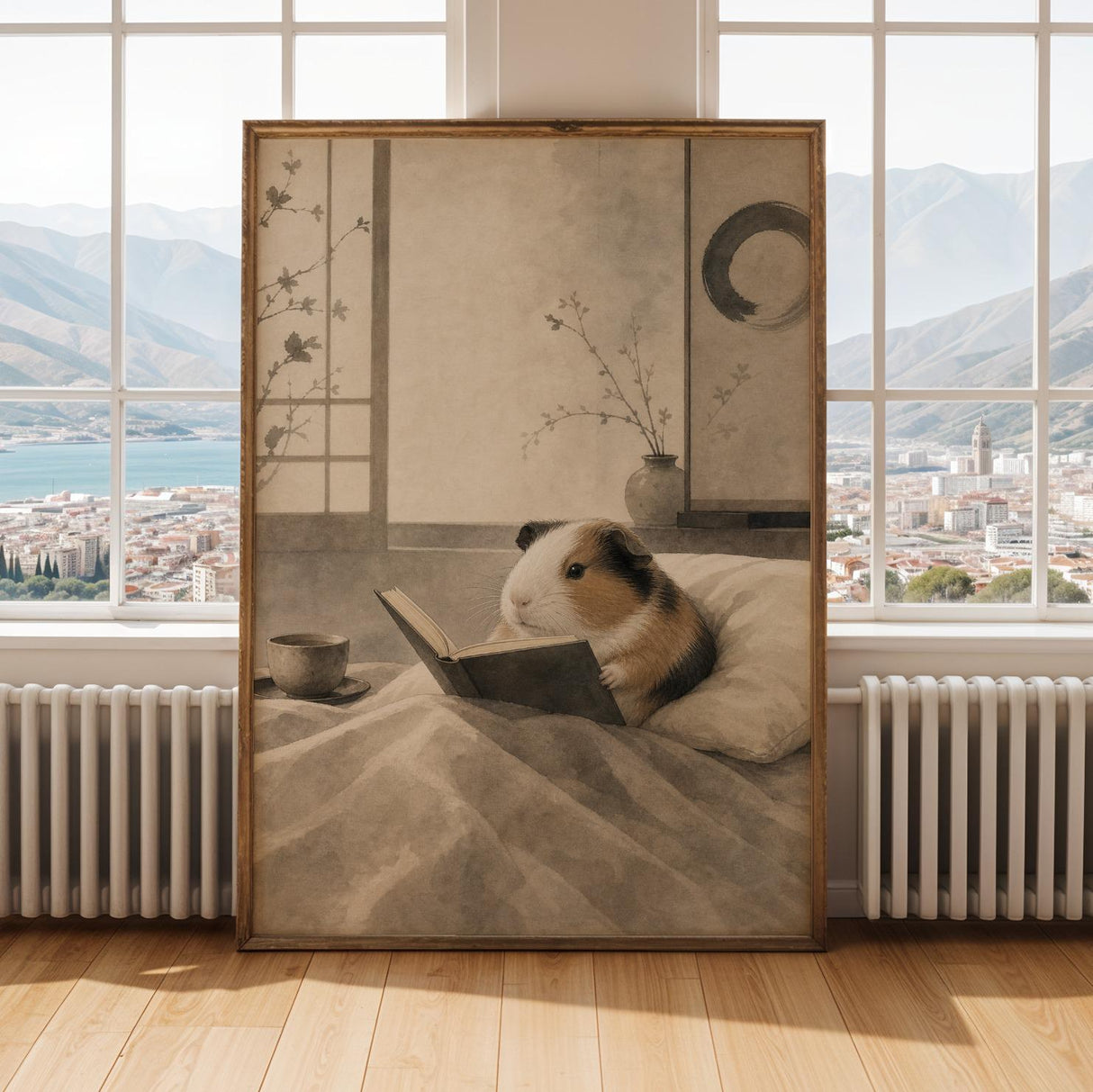 American Guinea Pig Reading in Bed Poster | Japanese Zen Ink Wash Guinea Pig Wall Art | Warm Ivory Fog Gray Decor | Minimalist Bedroom Print