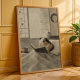 American Guinea Pig Reading in Bed Poster | Japanese Zen Ink Wash Guinea Pig Wall Art | Warm Ivory Fog Gray Decor | Minimalist Bedroom Print