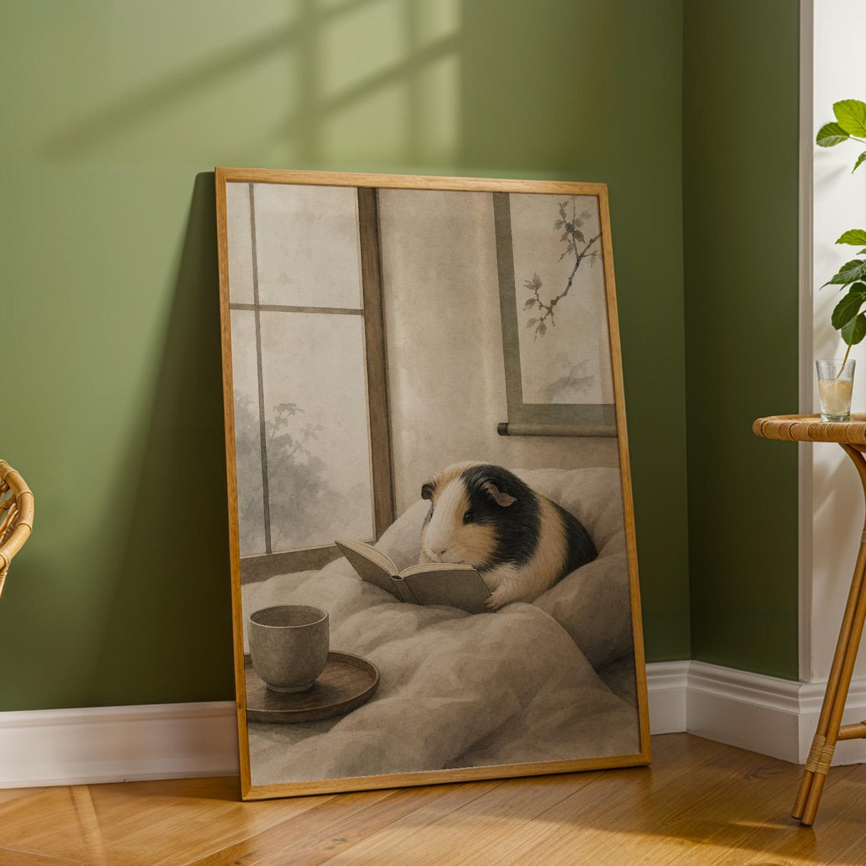 Satin Guinea Pig Reading in Bed Poster | Japanese Zen Ink Wash Guinea Pig Wall Art | Warm Ivory Fog Gray Decor | Living Room Print