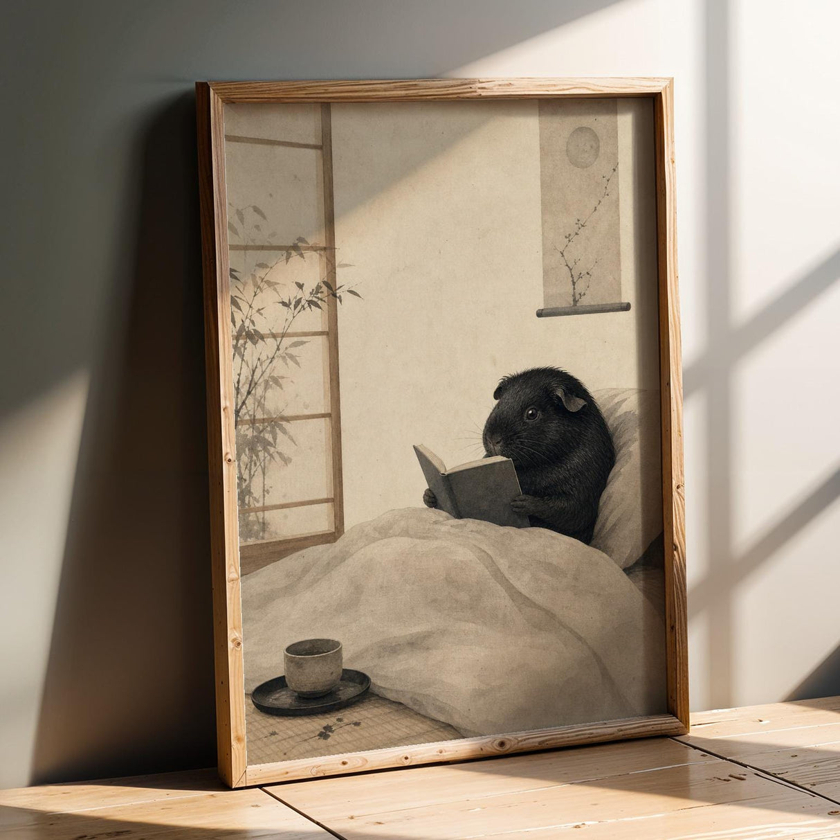 Black Guinea Pig Reading in Bed Poster | Japanese Zen Sumi-e Guinea Pig Wall Art | Warm Ivory Fog Gray Decor | Minimalist Bedroom Print