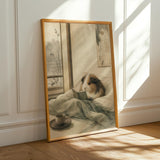 Sheltie Guinea Pig Reading in Bed Poster | Japanese Zen Ink Wash Guinea Pig Wall Art | Warm Ivory Fog Gray Decor | Living Room Print