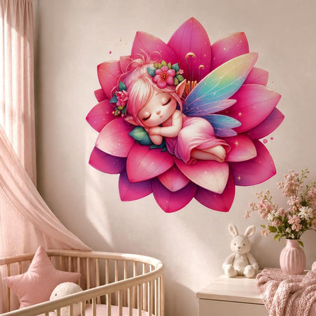 Sleeping pink-haired fairy with delicate wings resting on a large pink lotus flower with sparkly accents, shown as wall vinyl decal art.
