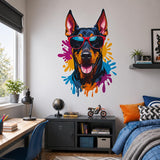 Cool Doberman Wall Vinyl Decal | Dog With Sunglasses Sticker | Color Splash Pop Art Wall Decor | Pet Lover Gift | Modern Kids Room Art