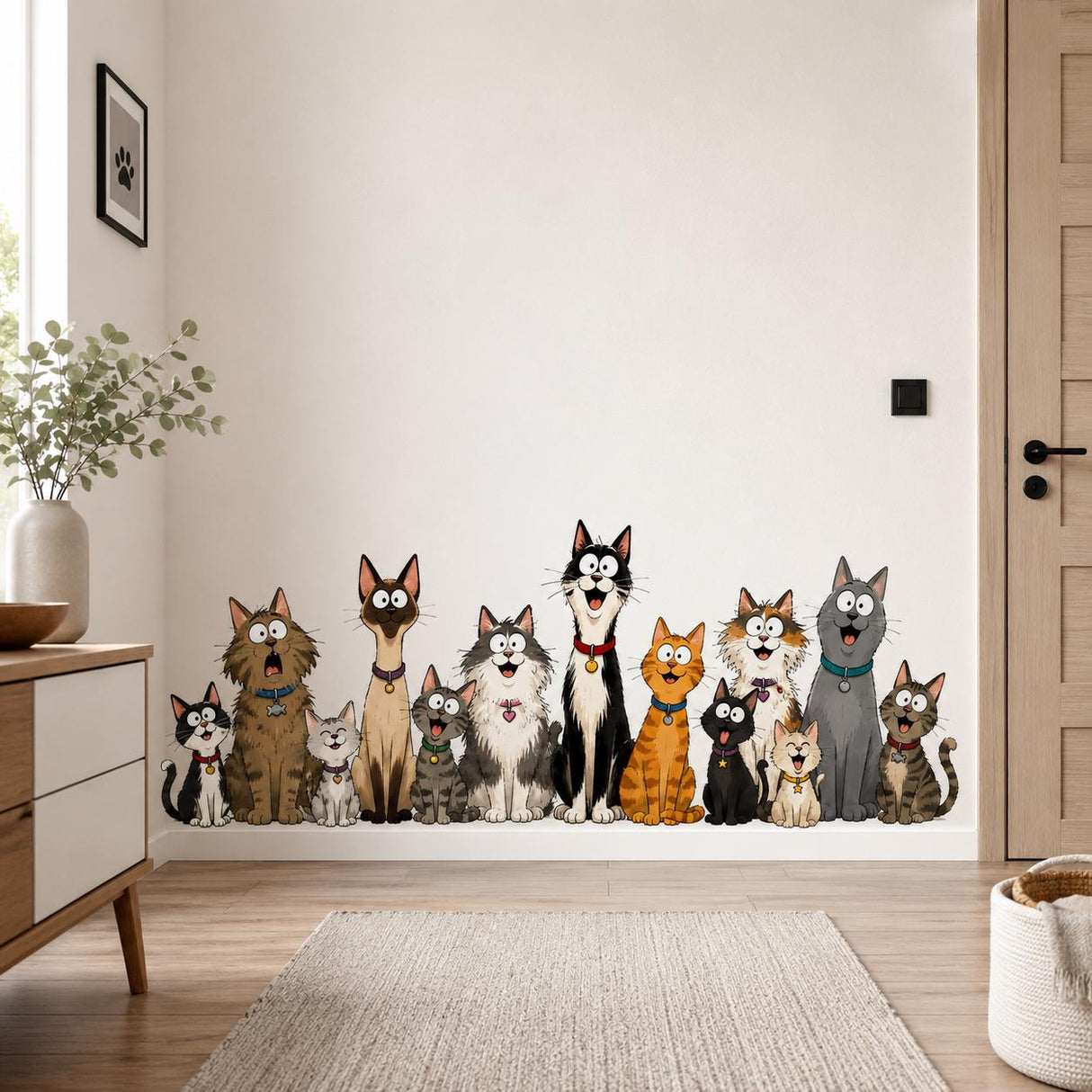 Funny Cat Group Wall Vinyl Decal | Cartoon Kittens Lineup Sticker | Pet Lover Wall Art | Kids Room Playroom Decor | Cute Cat Breeds