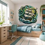 Kraken Pirate Ship Wall Vinyl Decal | Octopus Sea Monster Sticker | Nautical Ocean Wall Art | Sailing Adventure Decor | 3D Wave Design