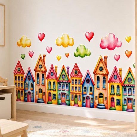 Watercolor wall vinyl decal of colorful rainbow houses in a row with cute clouds and floating hearts above, designed as bright kids room wall art.