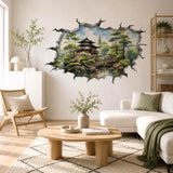 3D Japanese Garden Wall Vinyl Decal | Zen Pagoda Bridge Broken Wall Illusion Sticker | Watercolor Landscape Wall Art | Spa Yoga Decor