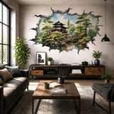 3D Japanese Garden Wall Vinyl Decal | Zen Pagoda Bridge Broken Wall Illusion Sticker | Watercolor Landscape Wall Art | Spa Yoga Decor