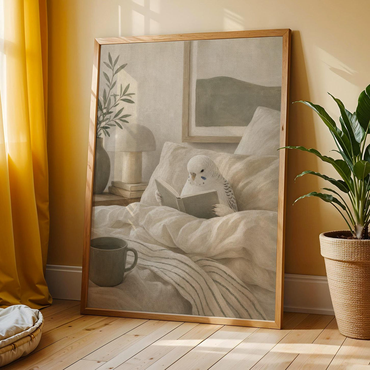 White Budgerigar Reading in Bed Poster | Modern Matte Gouache Bird Wall Art | Warm Beige Oat Milk Decor | Cozy Minimalist Bedroom Print