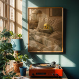 Yellowface Budgerigar Reading in Bed Poster | Modern Gouache Bird Wall Art | Warm Neutral Bedroom Decor | Cozy Minimalist Nook Print