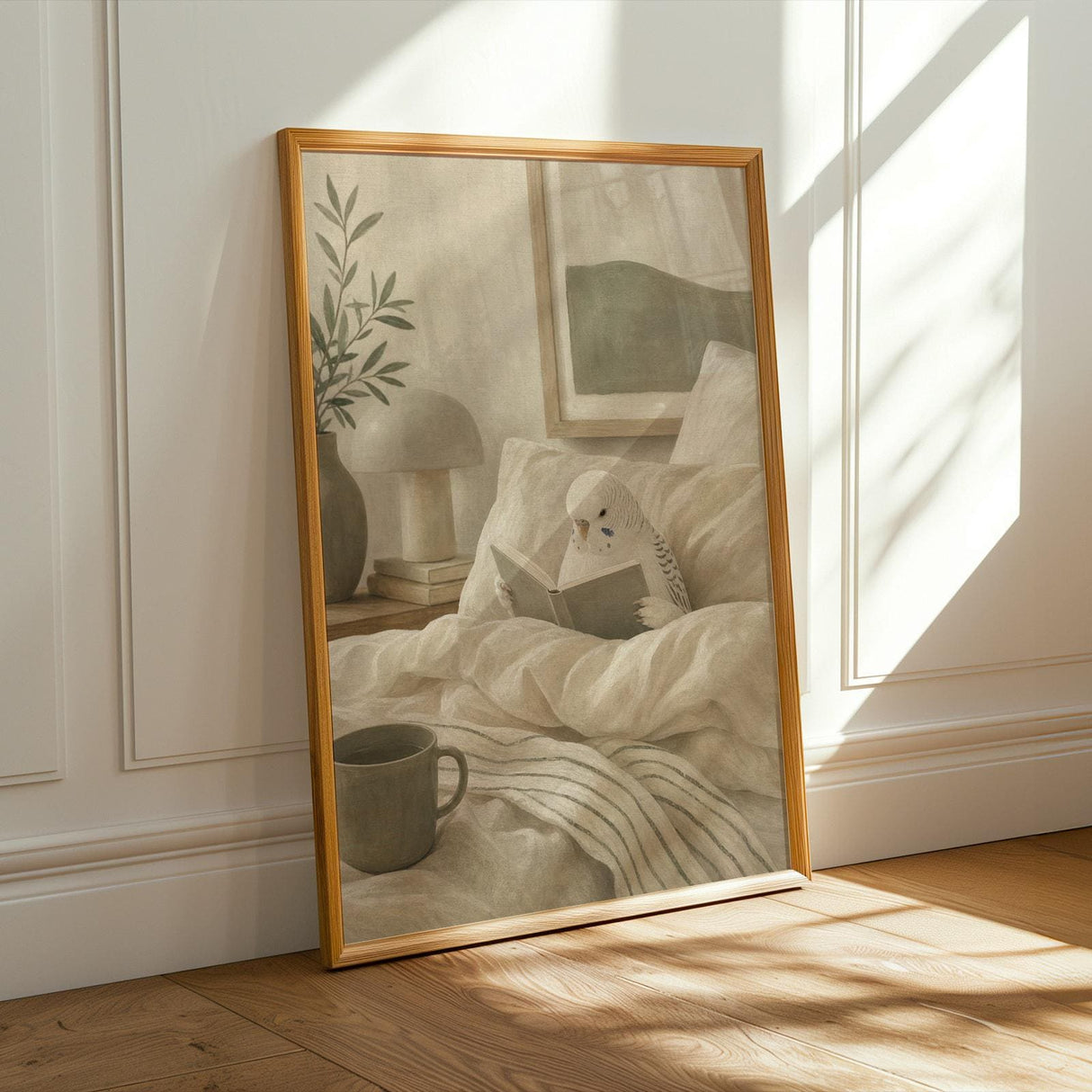 White Budgerigar Reading in Bed Poster | Modern Matte Gouache Bird Wall Art | Warm Beige Oat Milk Decor | Cozy Minimalist Bedroom Print