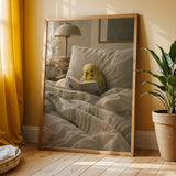 Yellowface Budgerigar Reading in Bed Poster | Modern Gouache Bird Wall Art | Warm Neutral Bedroom Decor | Cozy Minimalist Nook Print