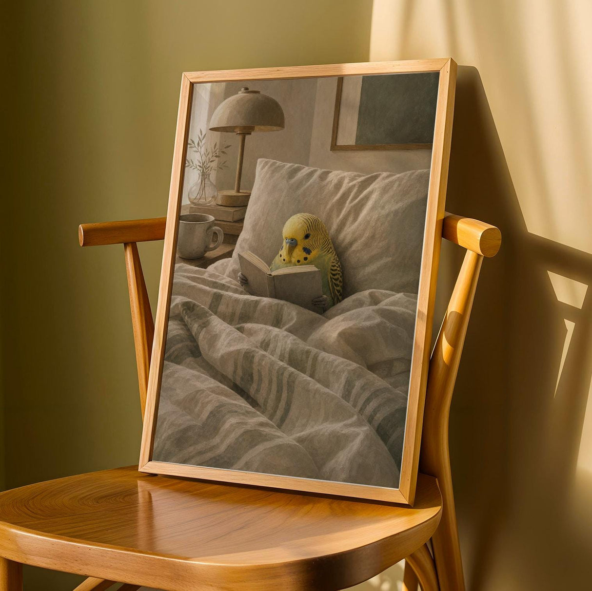 Yellowface Budgerigar Reading in Bed Poster | Modern Gouache Bird Wall Art | Warm Neutral Bedroom Decor | Cozy Minimalist Nook Print