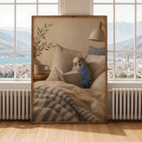 Cobalt Blue Budgerigar Reading in Bed Poster | Modern Gouache Bird Wall Art | Cobalt Blue Warm Beige Decor | Cozy Minimalist Bedroom Print