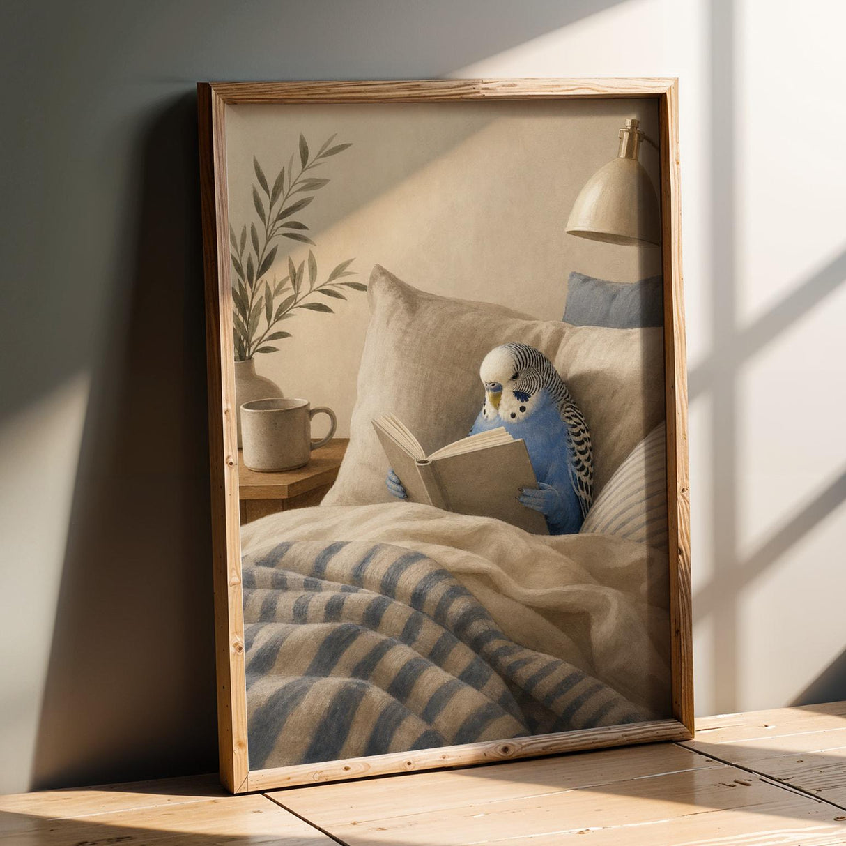 Cobalt Blue Budgerigar Reading in Bed Poster | Modern Gouache Bird Wall Art | Cobalt Blue Warm Beige Decor | Cozy Minimalist Bedroom Print