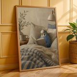 Cobalt Blue Budgerigar Reading in Bed Poster | Modern Gouache Bird Wall Art | Cobalt Blue Warm Beige Decor | Cozy Minimalist Bedroom Print