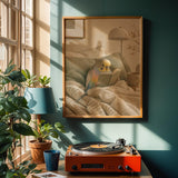 Rainbow Budgerigar Reading in Bed Poster | Modern Gouache Bird Wall Art | Warm Beige Dusty Sage Decor | Cozy Minimalist Bedroom Print