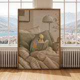 Rainbow Budgerigar Reading in Bed Poster | Modern Gouache Bird Wall Art | Warm Beige Dusty Sage Decor | Cozy Minimalist Bedroom Print