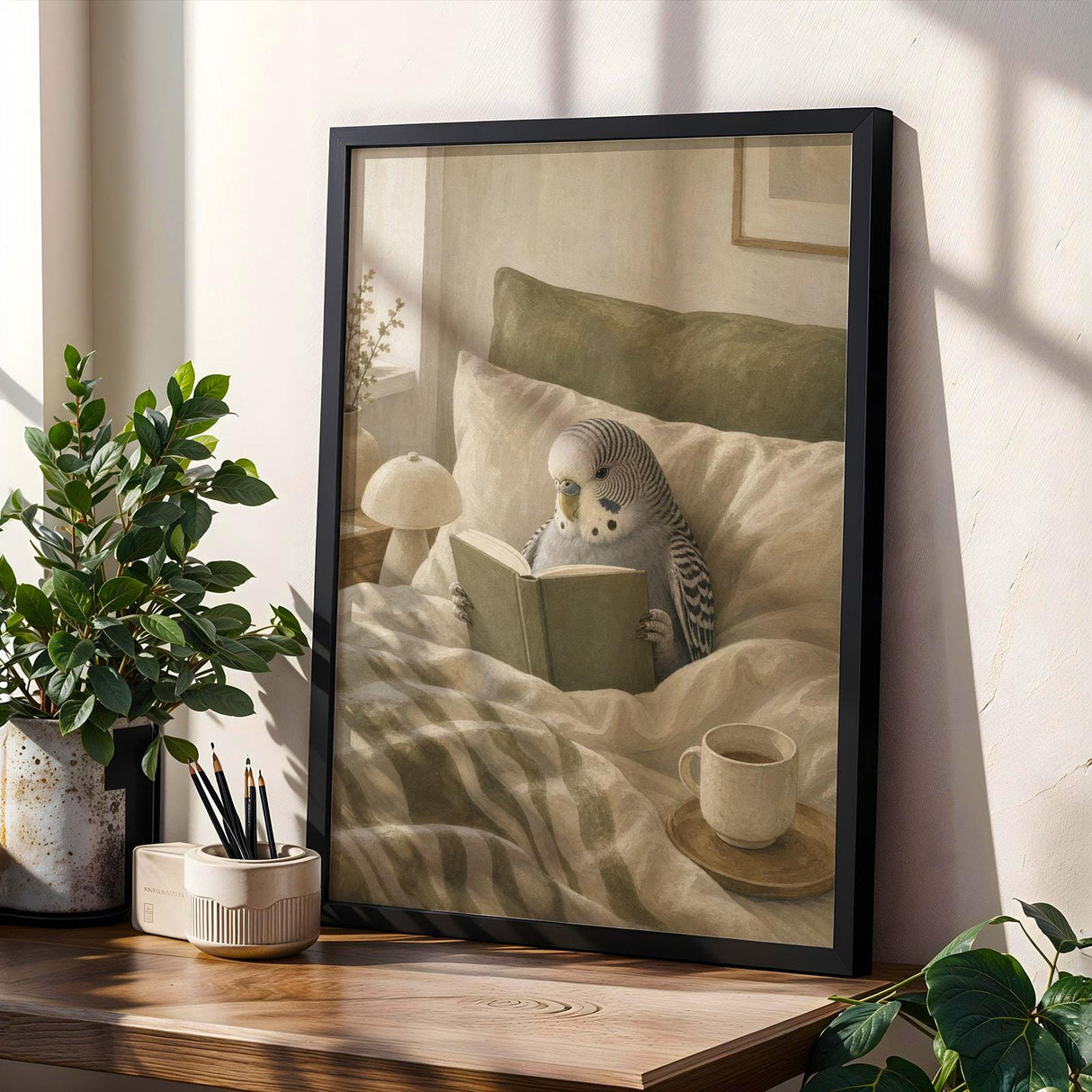 Grey Budgerigar Reading in Bed Poster | Modern Soft Gouache Bird Wall Art | Warm Beige Dusty Sage Decor | Cozy Minimalist Bedroom Print