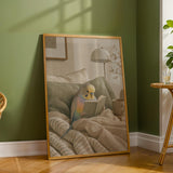 Rainbow Budgerigar Reading in Bed Poster | Modern Gouache Bird Wall Art | Warm Beige Dusty Sage Decor | Cozy Minimalist Bedroom Print