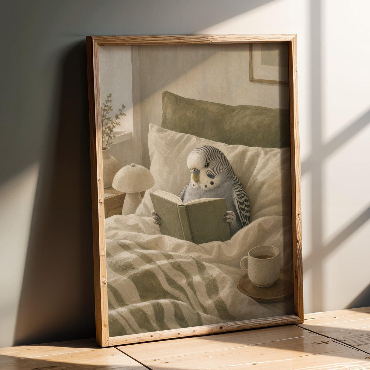 Grey Budgerigar Reading in Bed Poster | Modern Soft Gouache Bird Wall Art | Warm Beige Dusty Sage Decor | Cozy Minimalist Bedroom Print