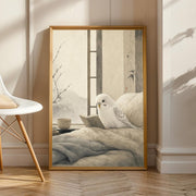 White Budgerigar Reading in Bed in a japanese zen sumi-e poster illustration