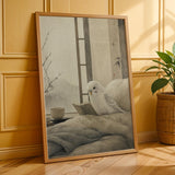 White Budgerigar Reading in Bed Poster | Japanese Zen Sumi-e Bird Wall Art | Warm Ivory Fog Gray Decor | Minimalist Bedroom Print