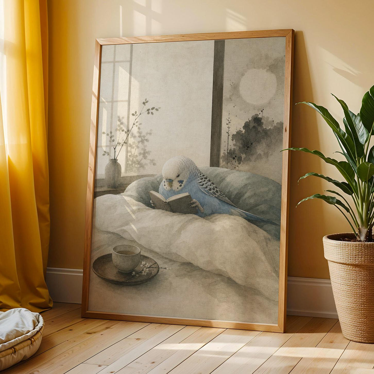 Sky Blue Budgerigar Reading in Bed Poster | Japanese Zen Ink Wash Bird Wall Art | Teal Warm Ivory Decor | Minimalist Bedroom Print