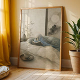 Sky Blue Budgerigar Reading in Bed Poster | Japanese Zen Ink Wash Bird Wall Art | Teal Warm Ivory Decor | Minimalist Bedroom Print