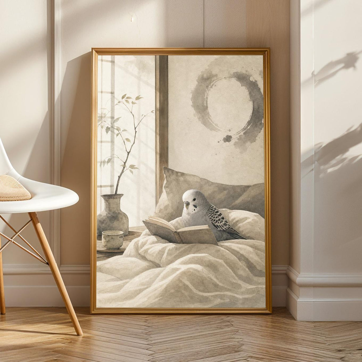 Budgerigar Reading in Bed Poster | Japanese Zen Ink Wash Bird Wall Art | Warm Ivory Fog Gray Decor | Minimalist Bedroom Print