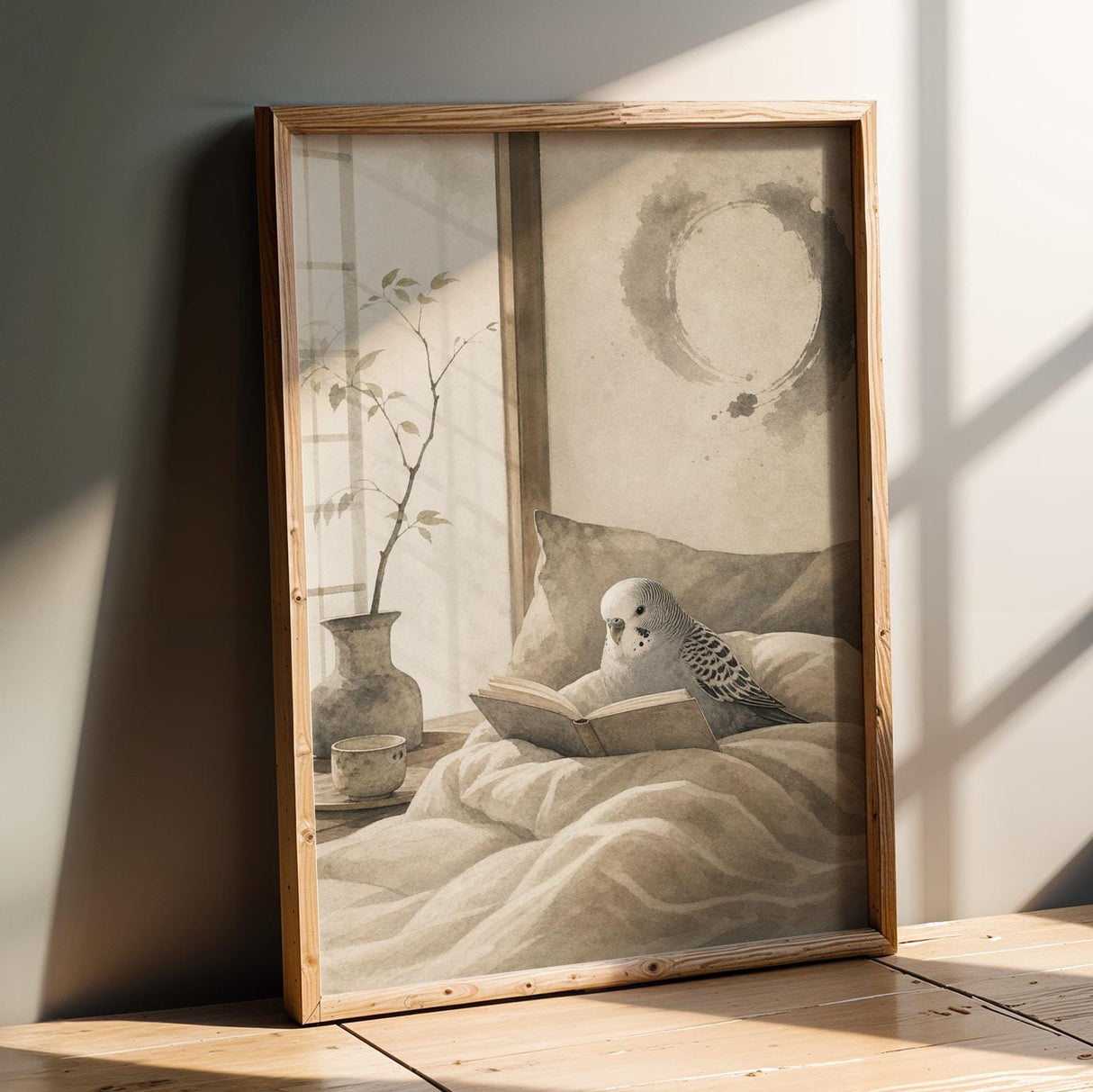 Budgerigar Reading in Bed Poster | Japanese Zen Ink Wash Bird Wall Art | Warm Ivory Fog Gray Decor | Minimalist Bedroom Print