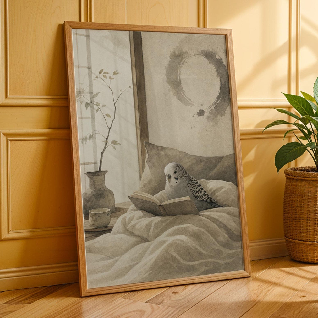 Budgerigar Reading in Bed Poster | Japanese Zen Ink Wash Bird Wall Art | Warm Ivory Fog Gray Decor | Minimalist Bedroom Print
