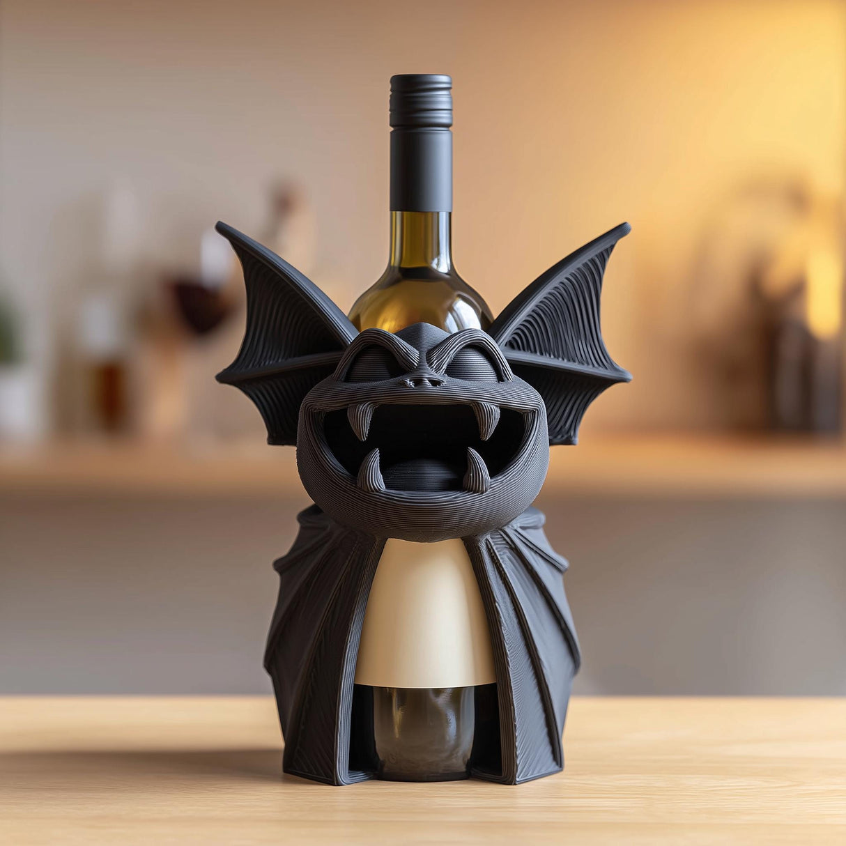 3D printed bat monster wine bottle holder with wings and teeth holding a standard wine bottle on a kitchen counter.