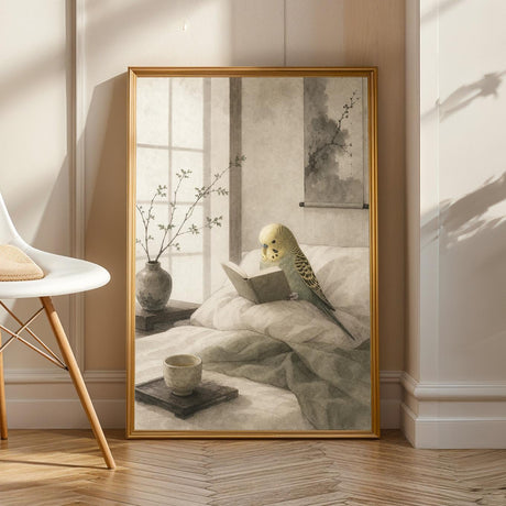 Yellowface Budgerigar Reading in Bed Poster | Japanese Zen Sumi-e Bird Wall Art | Warm Ivory Fog Gray Decor | Minimalist Bedroom Print