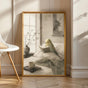 Yellowface Budgerigar Reading in Bed Poster | Japanese Zen Sumi-e Bird Wall Art | Warm Ivory Fog Gray Decor | Minimalist Bedroom Print