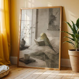 Yellowface Budgerigar Reading in Bed Poster | Japanese Zen Sumi-e Bird Wall Art | Warm Ivory Fog Gray Decor | Minimalist Bedroom Print