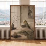 Yellowface Budgerigar Reading in Bed Poster | Japanese Zen Sumi-e Bird Wall Art | Warm Ivory Fog Gray Decor | Minimalist Bedroom Print