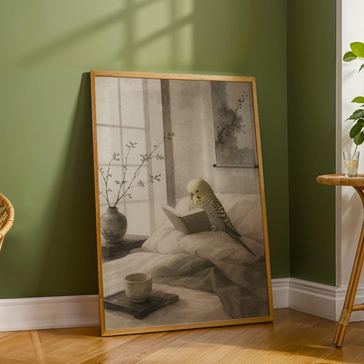 Yellowface Budgerigar Reading in Bed Poster | Japanese Zen Sumi-e Bird Wall Art | Warm Ivory Fog Gray Decor | Minimalist Bedroom Print