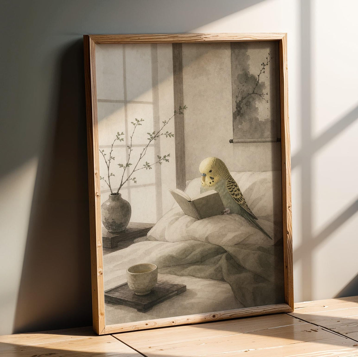 Yellowface Budgerigar Reading in Bed Poster | Japanese Zen Sumi-e Bird Wall Art | Warm Ivory Fog Gray Decor | Minimalist Bedroom Print