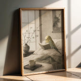 Yellowface Budgerigar Reading in Bed Poster | Japanese Zen Sumi-e Bird Wall Art | Warm Ivory Fog Gray Decor | Minimalist Bedroom Print